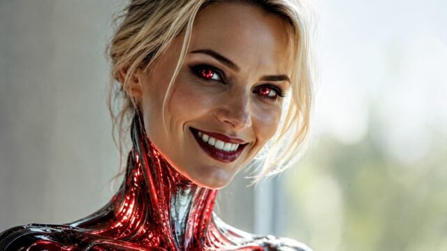Smiling woman with glowing red eyes and metallic, robotic neck and shoulders, blending futuristic cybernetic features with human appearance—her expression subtly hinting at the psychology beneath the surface as her true colors shine through.