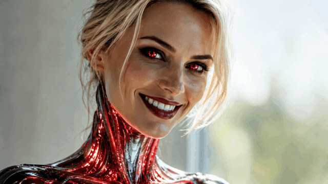 Smiling woman with glowing red eyes and metallic, robotic neck and shoulders, blending futuristic cybernetic features with human appearance—her expression subtly hinting at the psychology beneath the surface as her true colors shine through.