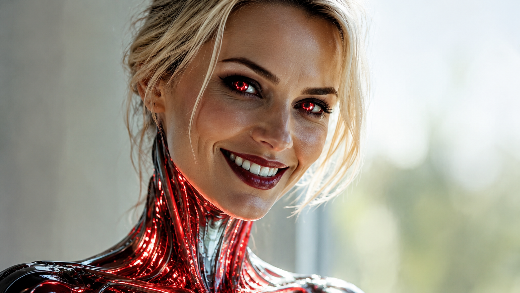 Smiling woman with glowing red eyes and metallic, robotic neck and shoulders, blending futuristic cybernetic features with human appearance—her expression subtly hinting at the psychology beneath the surface as her true colors shine through.