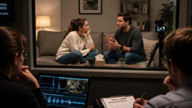 A couple sits on a couch talking seriously while being recorded through a one-way mirror; two people observe and take notes behind computers and monitors, suggesting a therapy or counseling session under observation.
