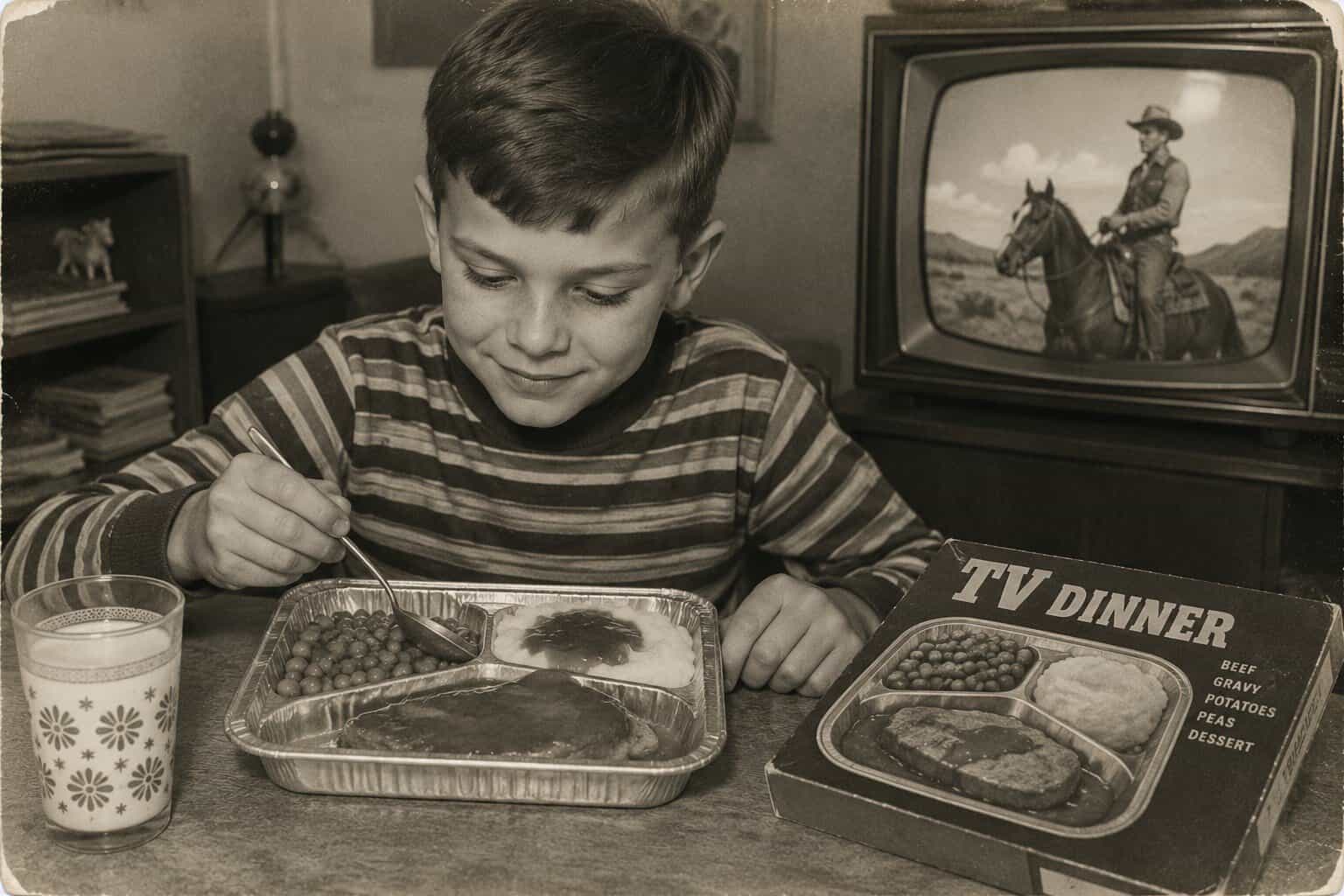 A young boy in a striped shirt eats a TV dinner—one of many classic retro foods—at a table with a glass of milk. An old television shows a cowboy scene in the background. Nearby is a TV dinner box. The image is in black and white.