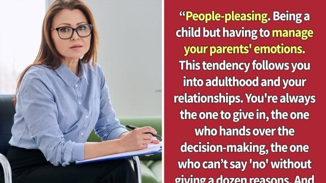 A woman with glasses holding a notebook and pen sits in a chair. Next to her, a quote highlights the impact of people-pleasing and managing parents emotions on adult relationships and difficulty saying no.