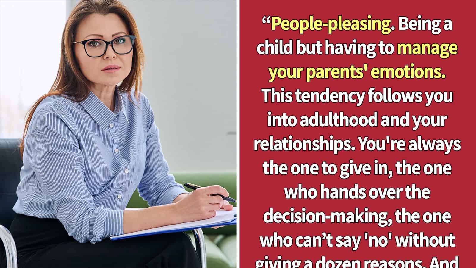 A woman with glasses holding a notebook and pen sits in a chair. Next to her, a quote highlights the impact of people-pleasing and managing parents emotions on adult relationships and difficulty saying no.