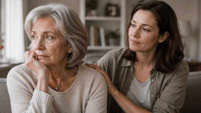 An older woman looks worried while sitting on a couch, with a younger woman beside her offering comfort by touching her shoulder.