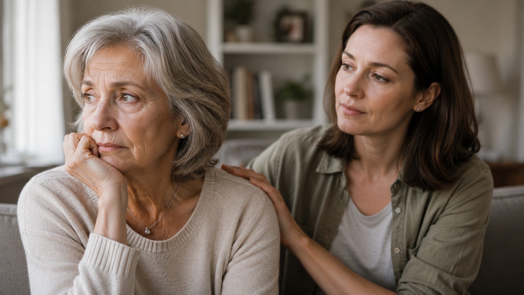 An older woman looks worried while sitting on a couch, with a younger woman beside her offering comfort by touching her shoulder.