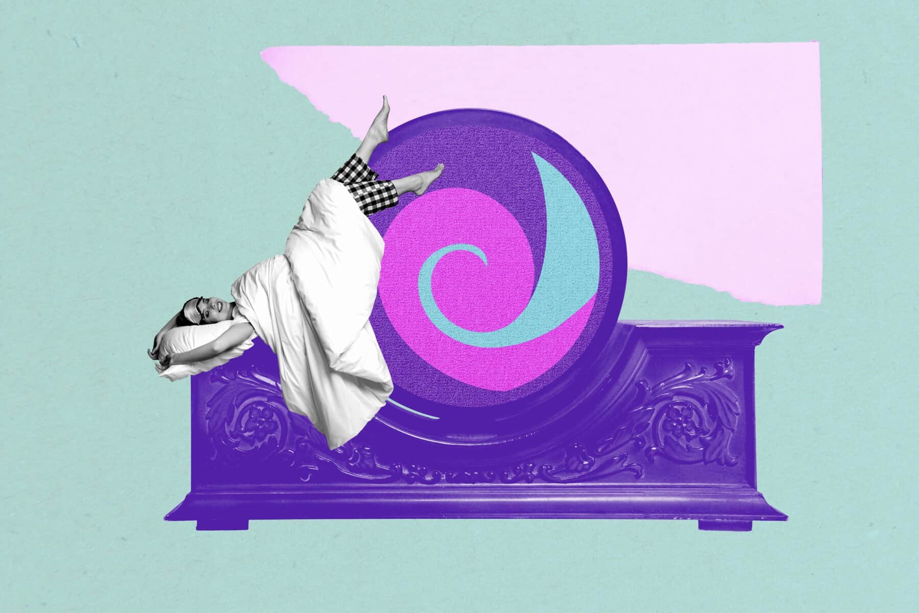 A woman in pajamas and a blanket appears to be falling backward onto a large, ornate, purple clock with a swirling design, set against a pastel background—evoking the sense of drifting off as described in sleep techniques recommended by psychologists.