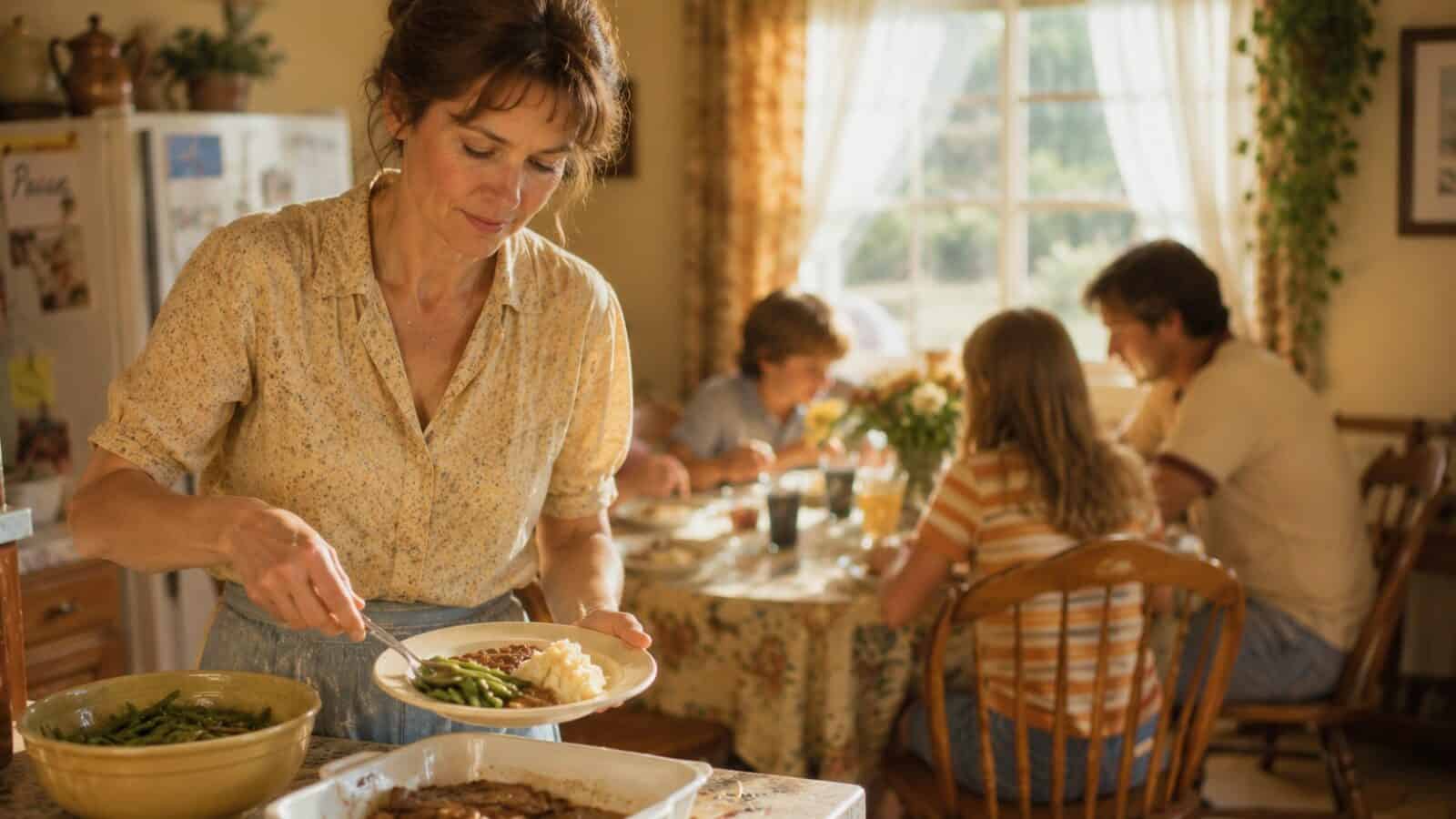 A woman serves herself food in a cozy kitchen while three people sit at a dining table in the background, enjoying a meal together. Sunlight streams through a window with floral curtains, creating a warm, inviting atmosphere.