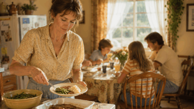 A woman serves herself food in a cozy kitchen while three people sit at a dining table in the background, enjoying a meal together. Sunlight streams through a window with floral curtains, creating a warm, inviting atmosphere.