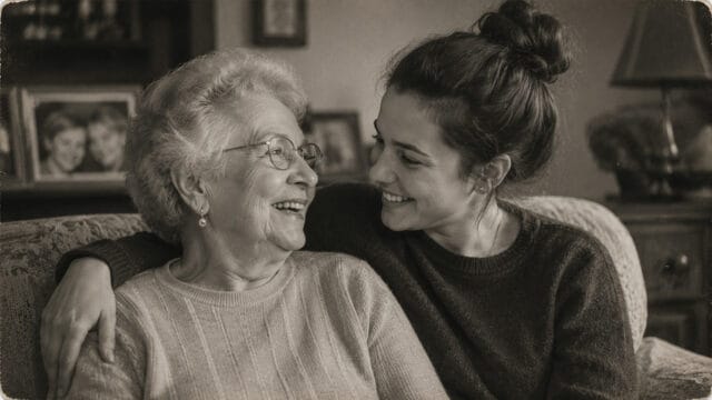An elderly woman and her adult grandchild sit close together on a couch, smiling warmly at each other. The young woman’s arm is around her grandmother, highlighting the special bond between grandparents and their adult grandchildren. Framed photos and a lamp are visible in the softly lit background.