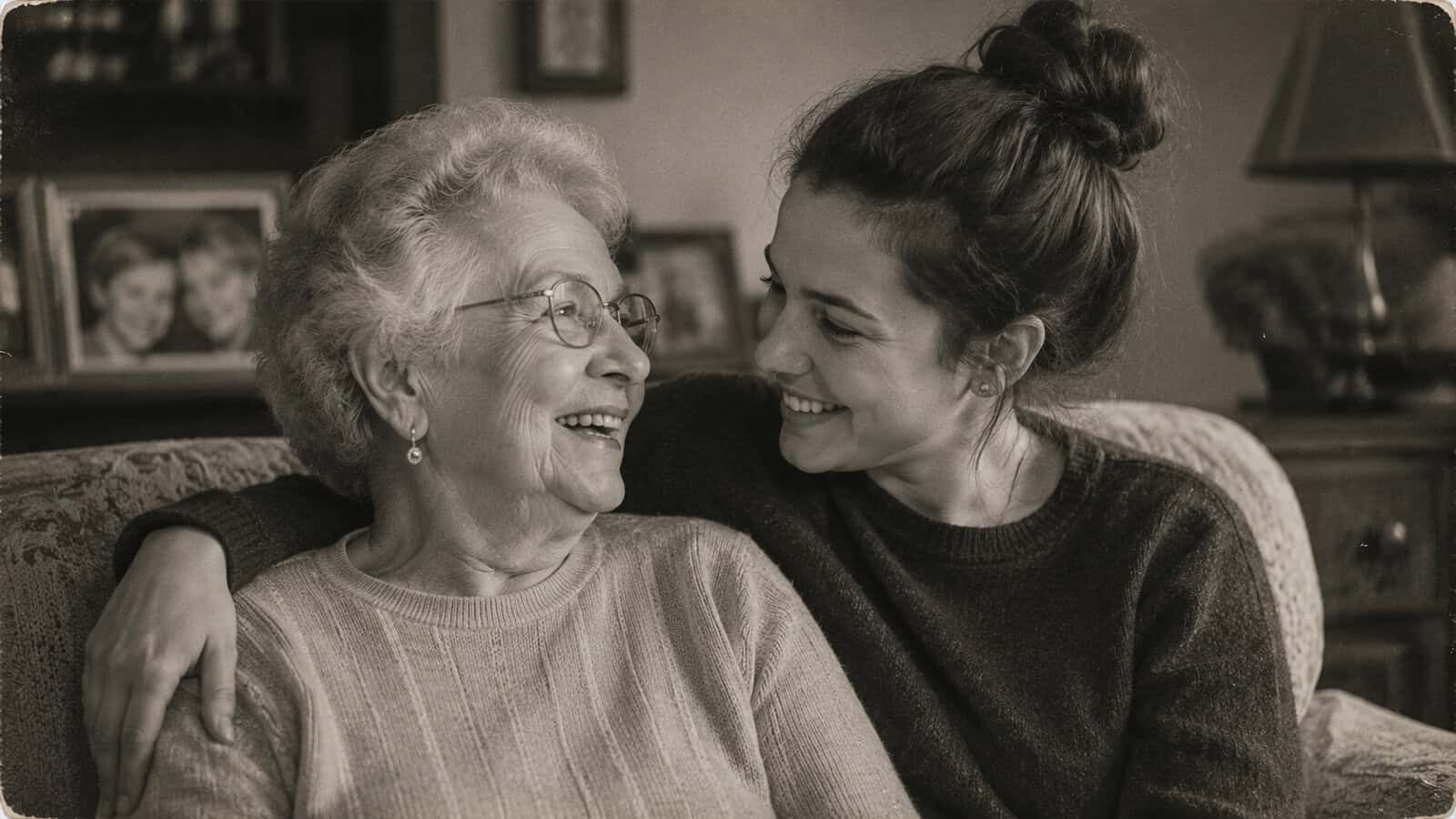 An elderly woman and her adult grandchild sit close together on a couch, smiling warmly at each other. The young woman’s arm is around her grandmother, highlighting the special bond between grandparents and their adult grandchildren. Framed photos and a lamp are visible in the softly lit background.