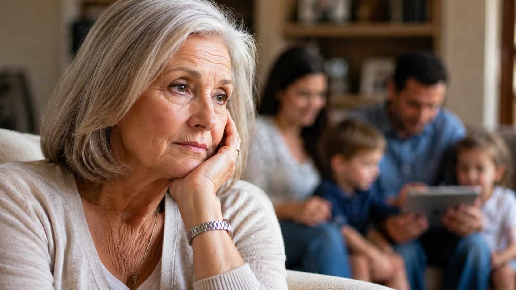 An older woman with gray hair looks thoughtful and sad, sitting apart from a family with two children—perhaps her grandkids—in the blurred background.
