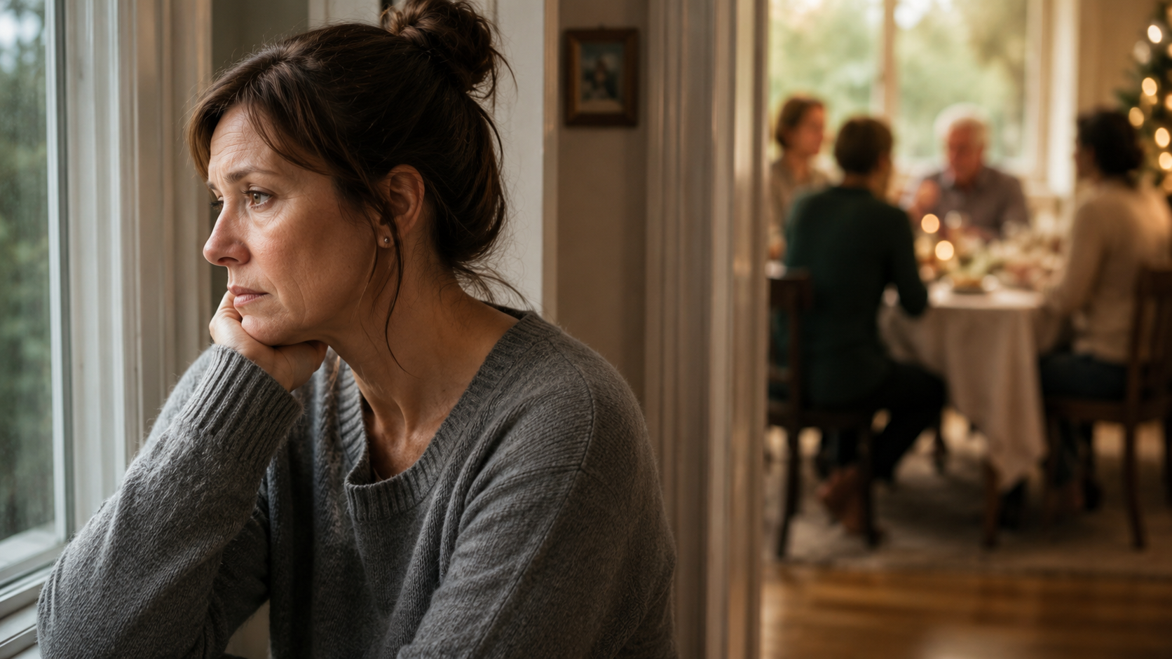 A woman in a gray sweater sits alone by a window, looking sad and thoughtful. In the background, a group gathers around a dining table, highlighting the pain of sibling estrangement and communication breakdown within family relationships.