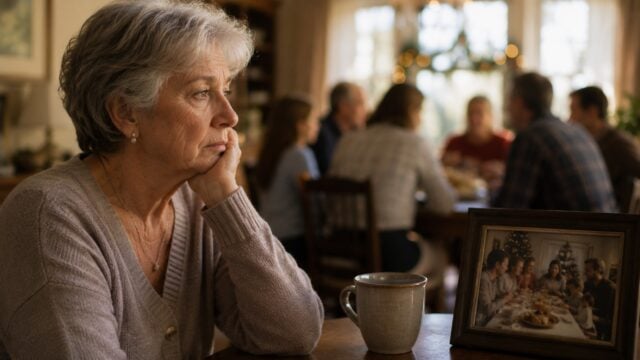 An elderly woman sits pensively at a table with a mug, looking away, while a group of people gathers in the background. A framed photo of a past family gathering sits beside her—a gentle reminder of how much being included means to grandparents during times like these.