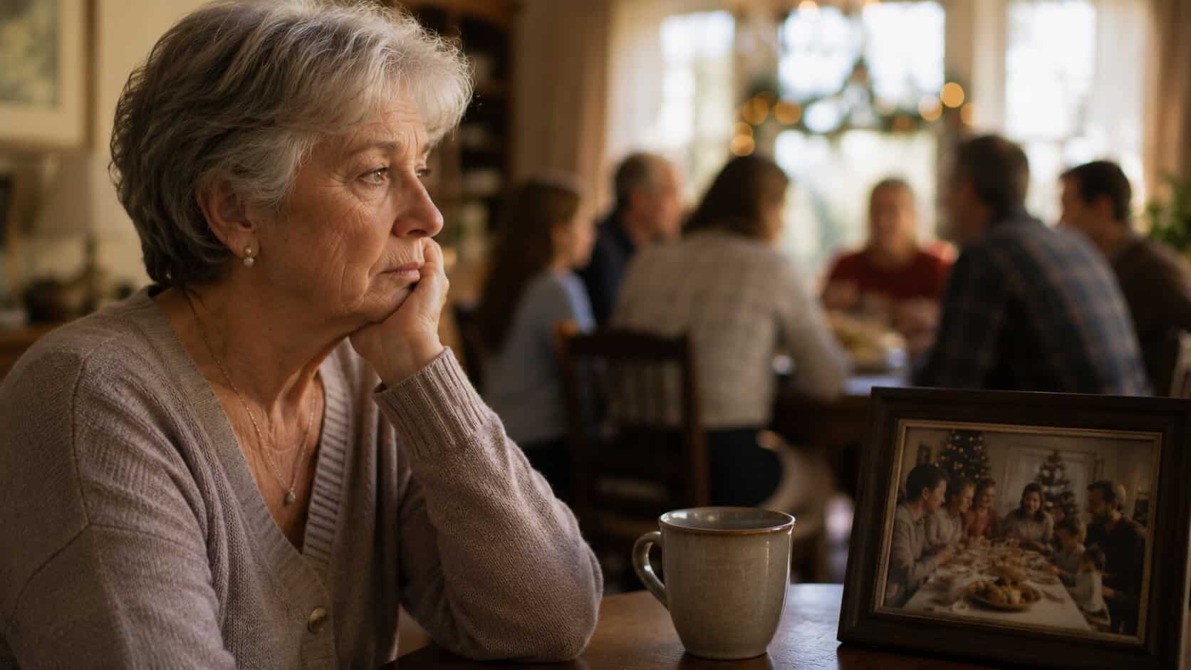 An elderly woman sits pensively at a table with a mug, looking away, while a group of people gathers in the background. A framed photo of a past family gathering sits beside her—a gentle reminder of how much being included means to grandparents during times like these.