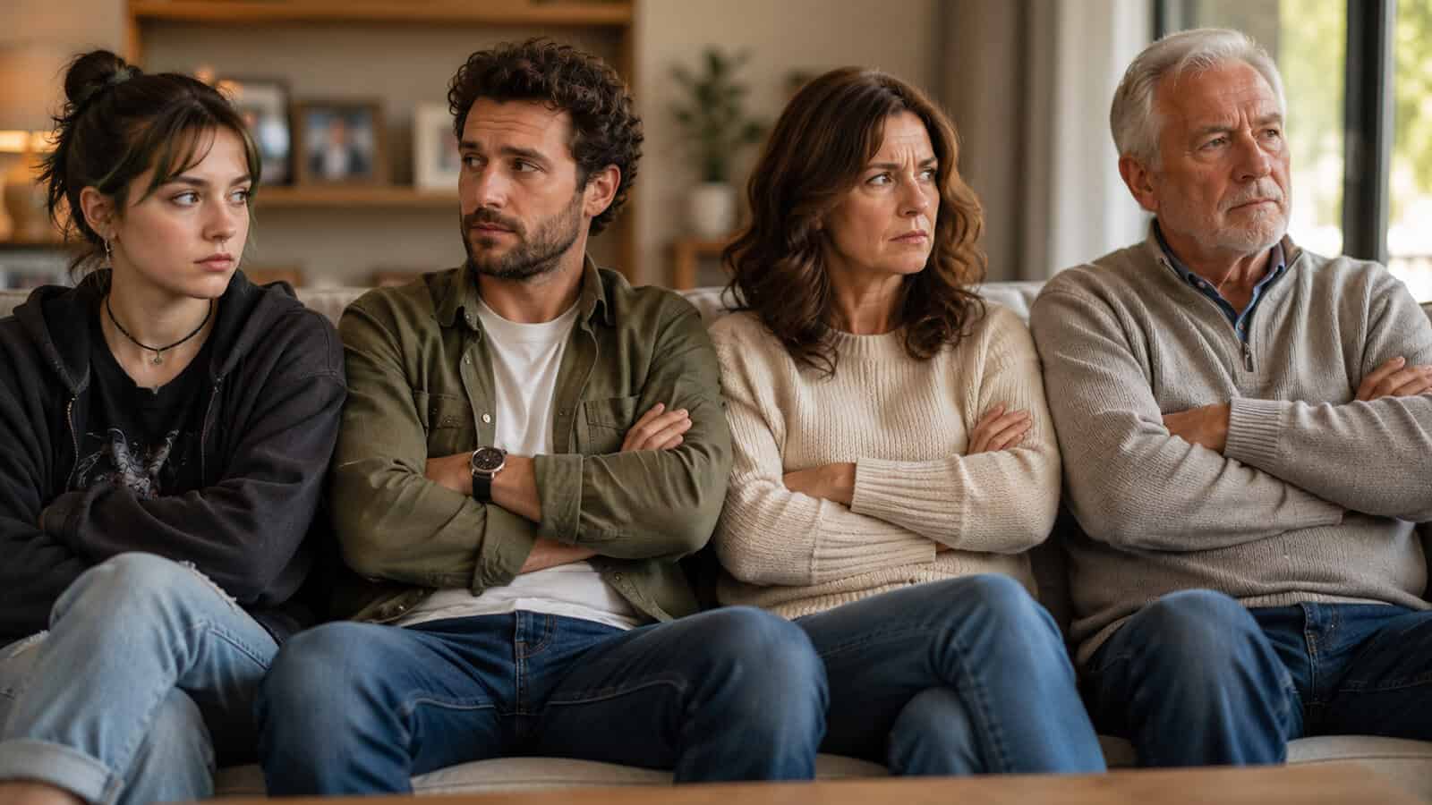 Four people of different ages, including Gen Z and millennials, sit on a couch with arms crossed, looking serious and upset. The background shows a cozy living room, suggesting the tense atmosphere of a cut off family.