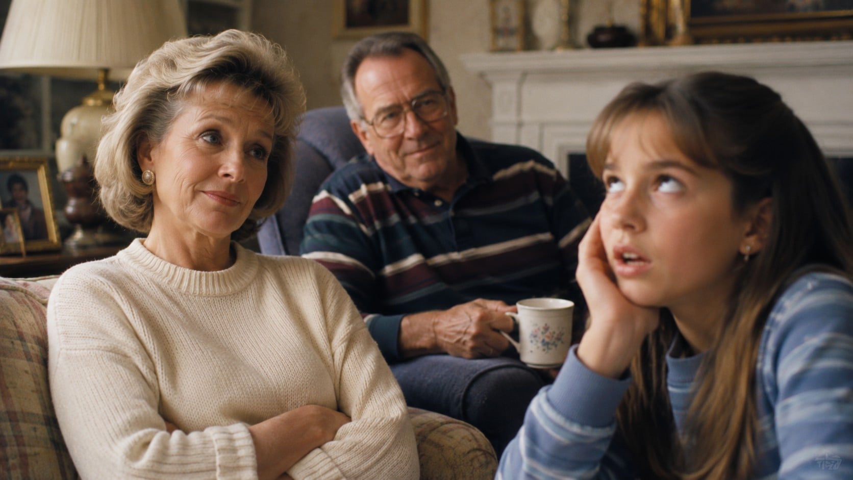 A woman sits with arms crossed, an older man—likely a grandparent—wearing glasses and holding a mug sits behind her, and a teenage girl, possibly his grandkid, looks annoyed in the foreground, resting her head on her hand. The scene captures the complexity of family relationships in what appears to be a living room.
