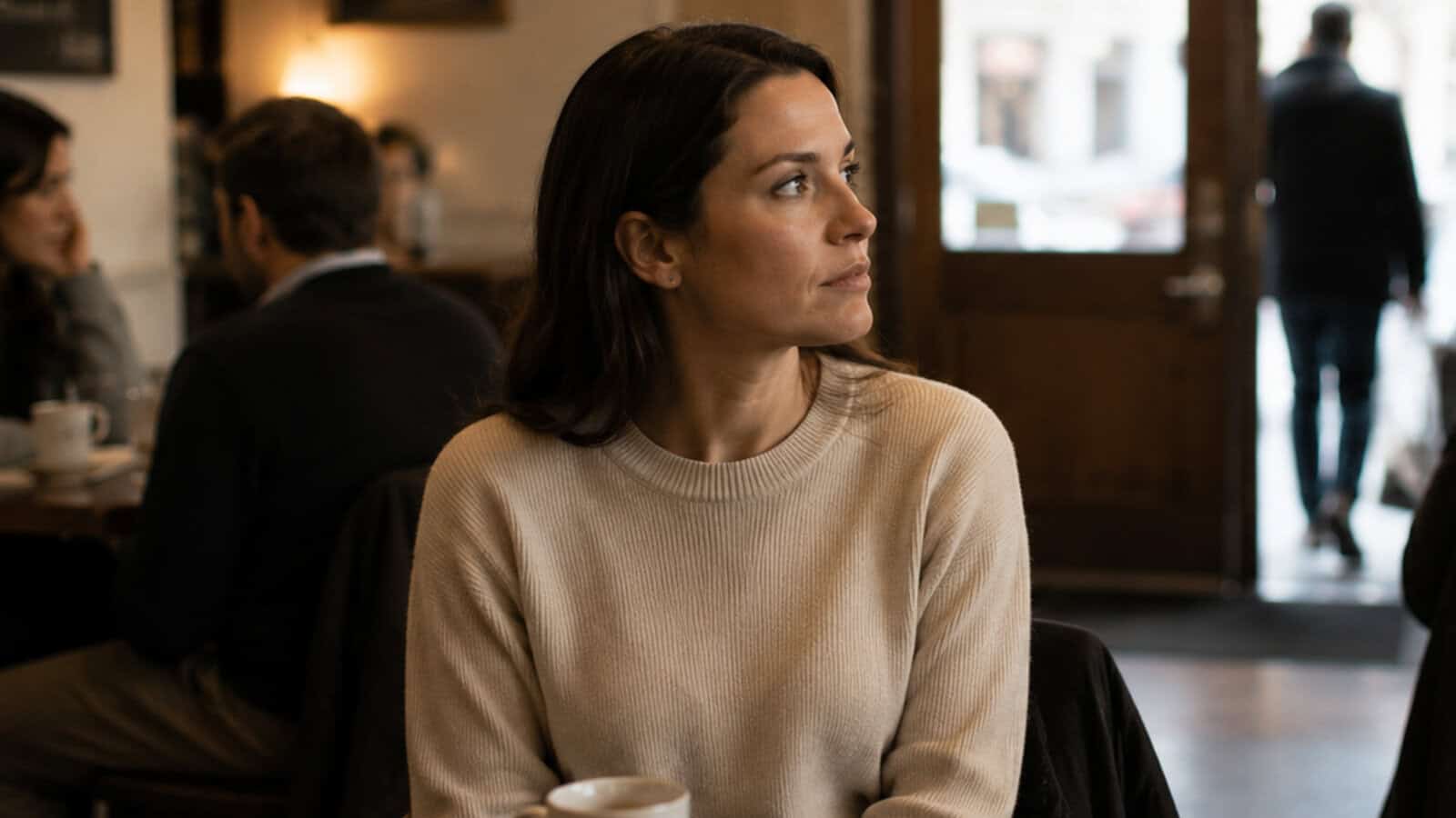 A woman with long dark hair in a beige sweater, known for her thoughtful personality traits, sits at a café table facing the door, gazing pensively to her right. Other patrons are blurred in the background, and light comes in through a windowed door, giving the scene a calm sense of non-paranoia.
