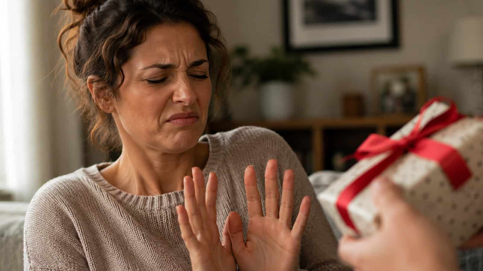 A woman with a disgusted expression holds her hands up, rejecting a gift wrapped in white paper with red ribbon being offered to her—perfectly capturing those who hate surprises for reasons that are not about control.