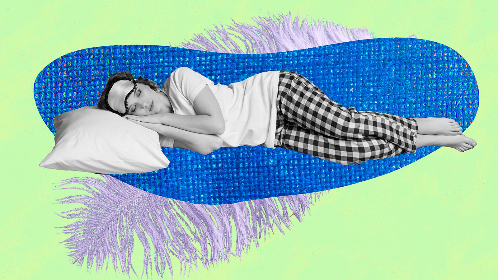 A person wearing plaid pajamas and a sleep mask lies on their side with a pillow, demonstrating one of the fastest ways to sleep according to psychologists, on a blue textured shape over a green background with purple abstract patterns.