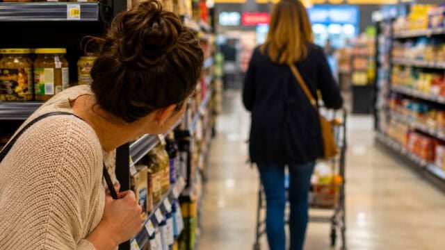 A woman peeks around a grocery store shelf, curious about the psychology behind an unplanned conversation as she watches another woman with a shopping cart walking down the aisle.