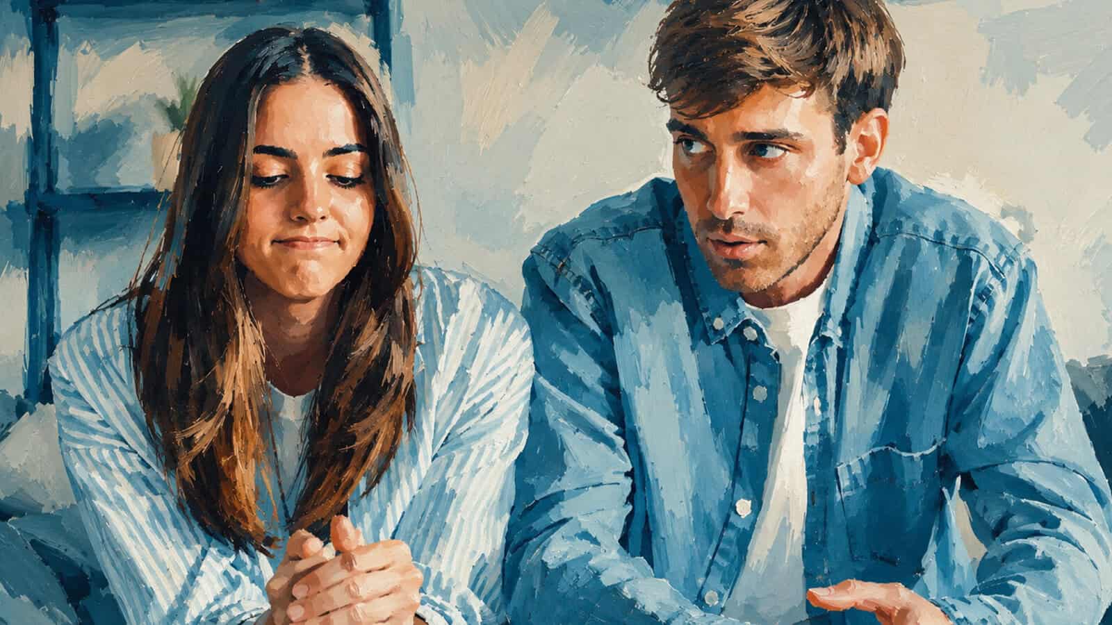 A woman and a man sit side by side indoors, both wearing blue shirts. The woman looks down with a slight frown, while the man gazes at her with concern, capturing the complexities of relationships. The image has a painted, artistic style.