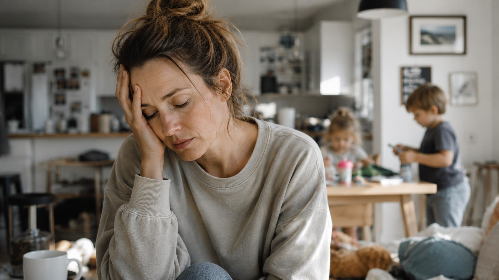 A woman sits with her hand on her forehead, looking stressed—a clear sign of mom burnout—while two children play in a cluttered background at home.