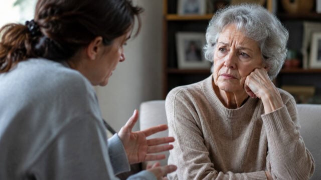 An older woman listens thoughtfully with her hand on her chin while another person—perhaps one of her adult children—speaks to her, gesturing with their hands. They appear to be having a serious conversation in a cozy indoor setting, possibly discussing whether parents over 70 should consider downsizing.