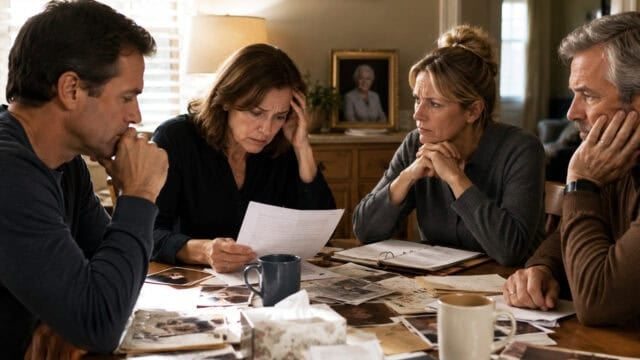 Four adults sit around a table covered with papers and photos, looking concerned. One woman holds her head and reads a document. Coffee mugs and a tissue box are on the table. A portrait is in the background.