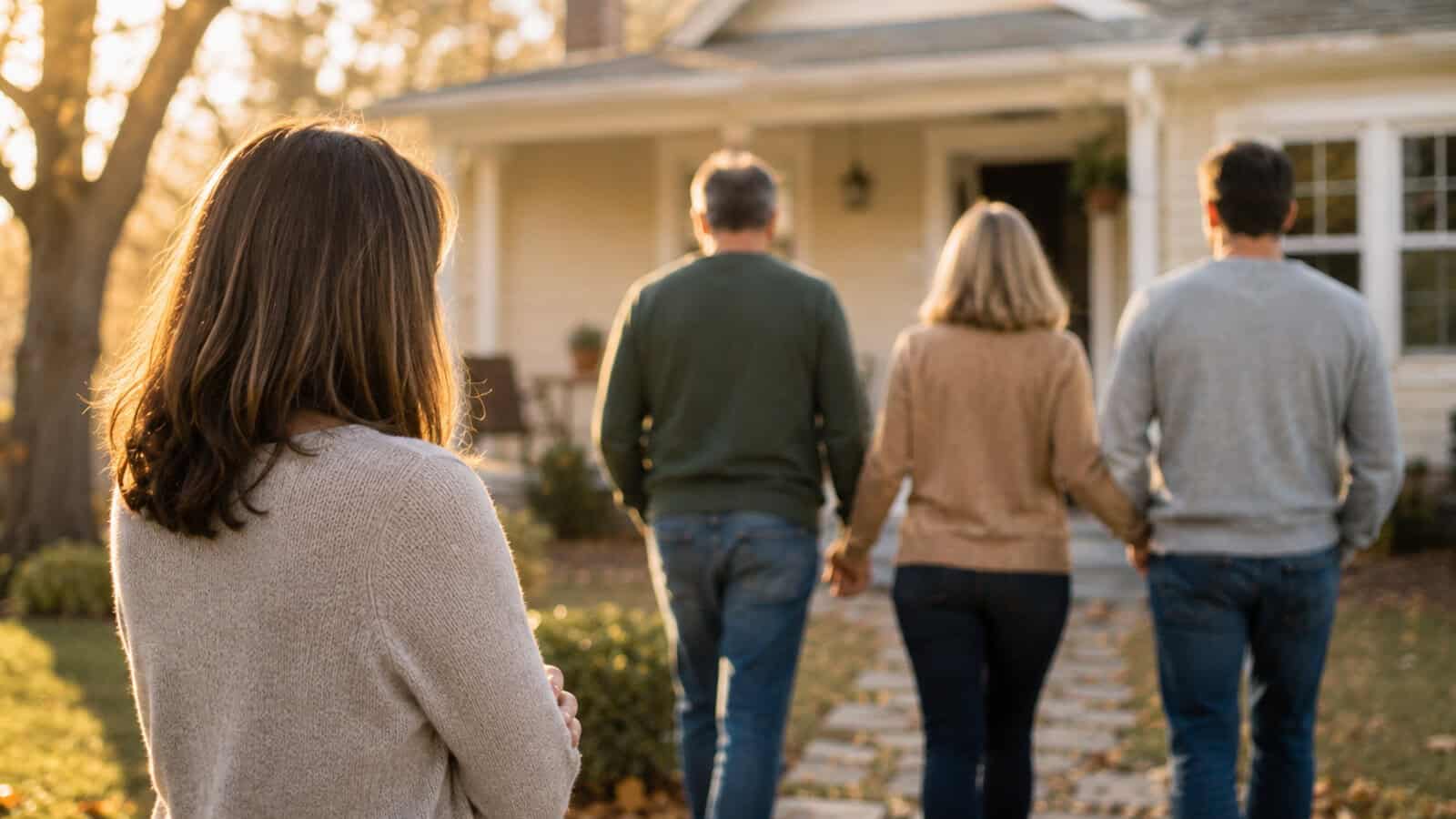 A woman stands alone in a yard, watching three people walking hand-in-hand toward a house in the background on a sunny day.