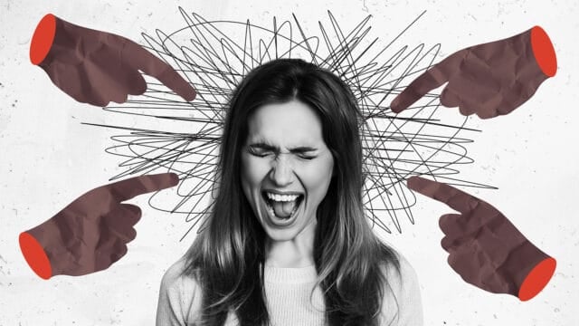 A woman screams with her eyes closed, surrounded by four pointing hands and chaotic scribbles behind her head, symbolizing stress or pressure.
