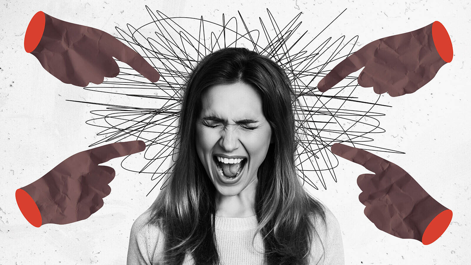 A woman screams with her eyes closed, surrounded by four pointing hands and chaotic scribbles behind her head, symbolizing stress or pressure.
