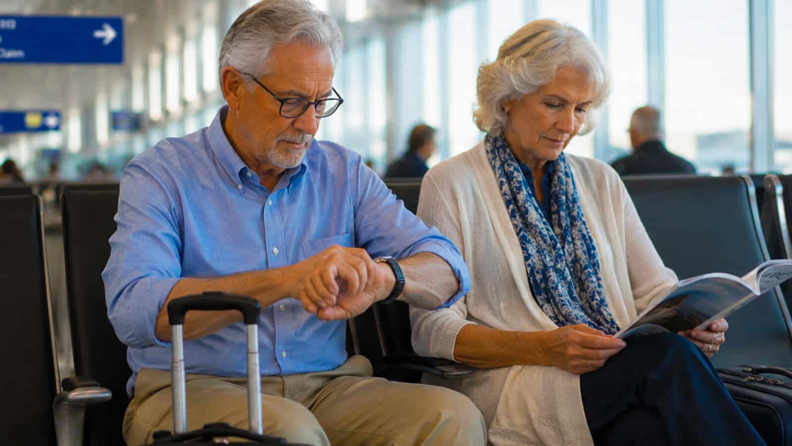 An older man checks his watch while sitting with a woman reading a magazine in an airport waiting area. Both have luggage beside them and look relaxed.