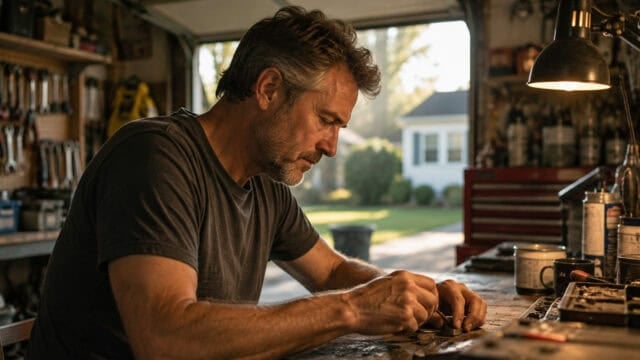 A man with graying hair sits at a workbench in a garage, focusing intently as he repairs something small with his hands. Tools and parts are scattered on the table, and sunlight streams in from an open door.