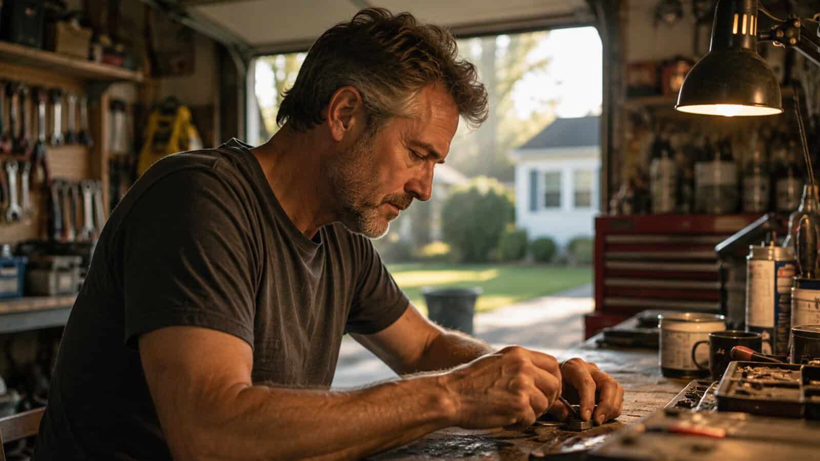 A man with graying hair sits at a workbench in a garage, focusing intently as he repairs something small with his hands. Tools and parts are scattered on the table, and sunlight streams in from an open door.