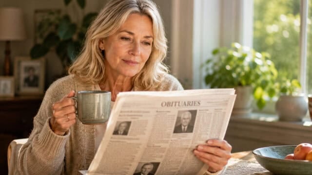 A woman with blonde hair sits at a table, holding a mug and reading the obituaries section of a newspaper, reflecting on people my age whose whole lives are captured in just a few lines. Sunlight streams in through a window, and a green plant is visible in the background.