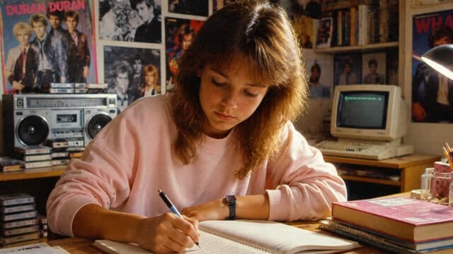Teen girl with brown hair writes in a notebook at a desk, surrounded by books, a retro computer, cassette tapes, and Duran Duran posters, evoking an 80s bedroom study scene.