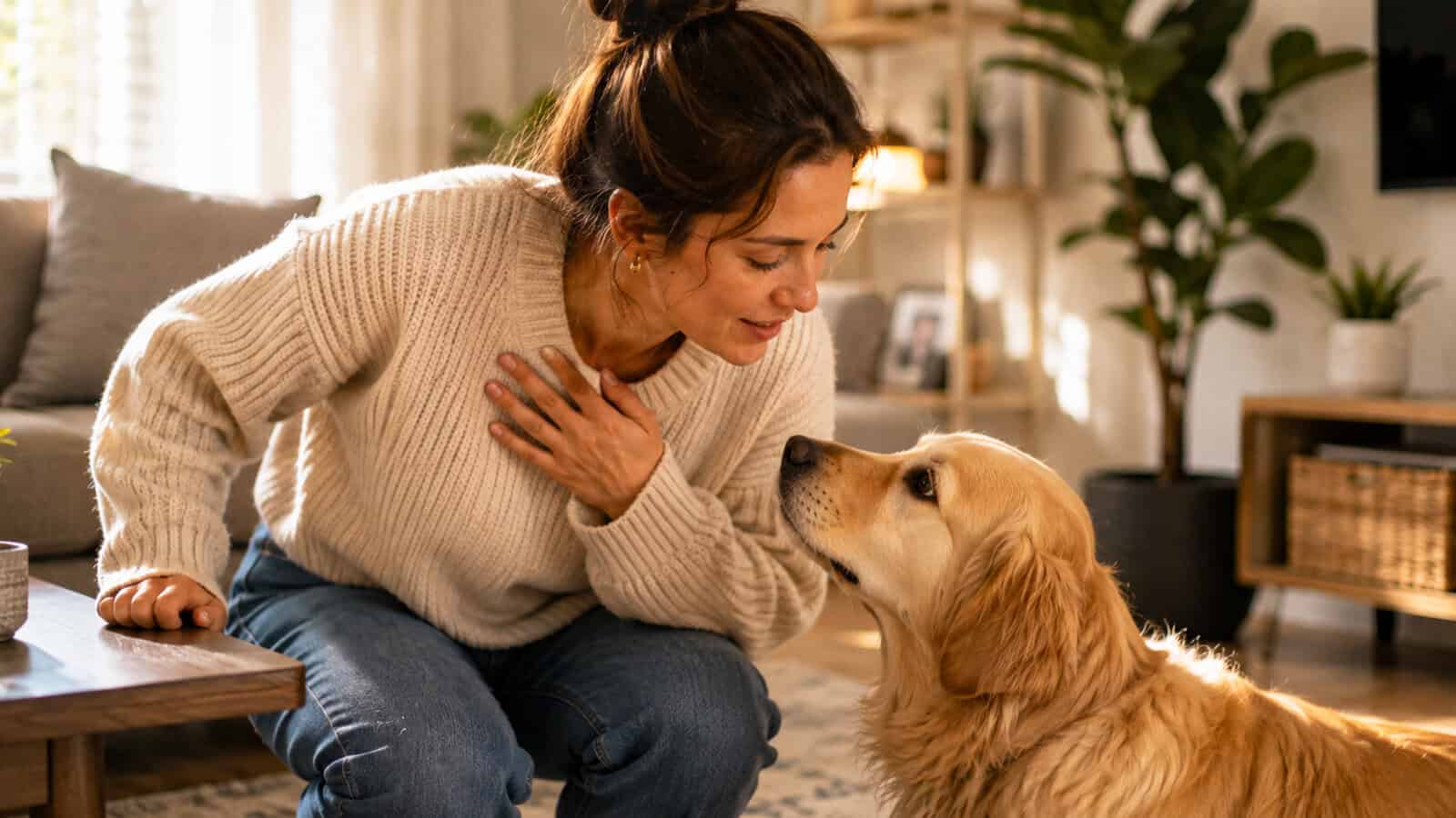 A woman in a cream sweater kneels on the floor, smiling with her hand on her chest, while looking at a golden retriever sitting in a cozy, sunlit living room.