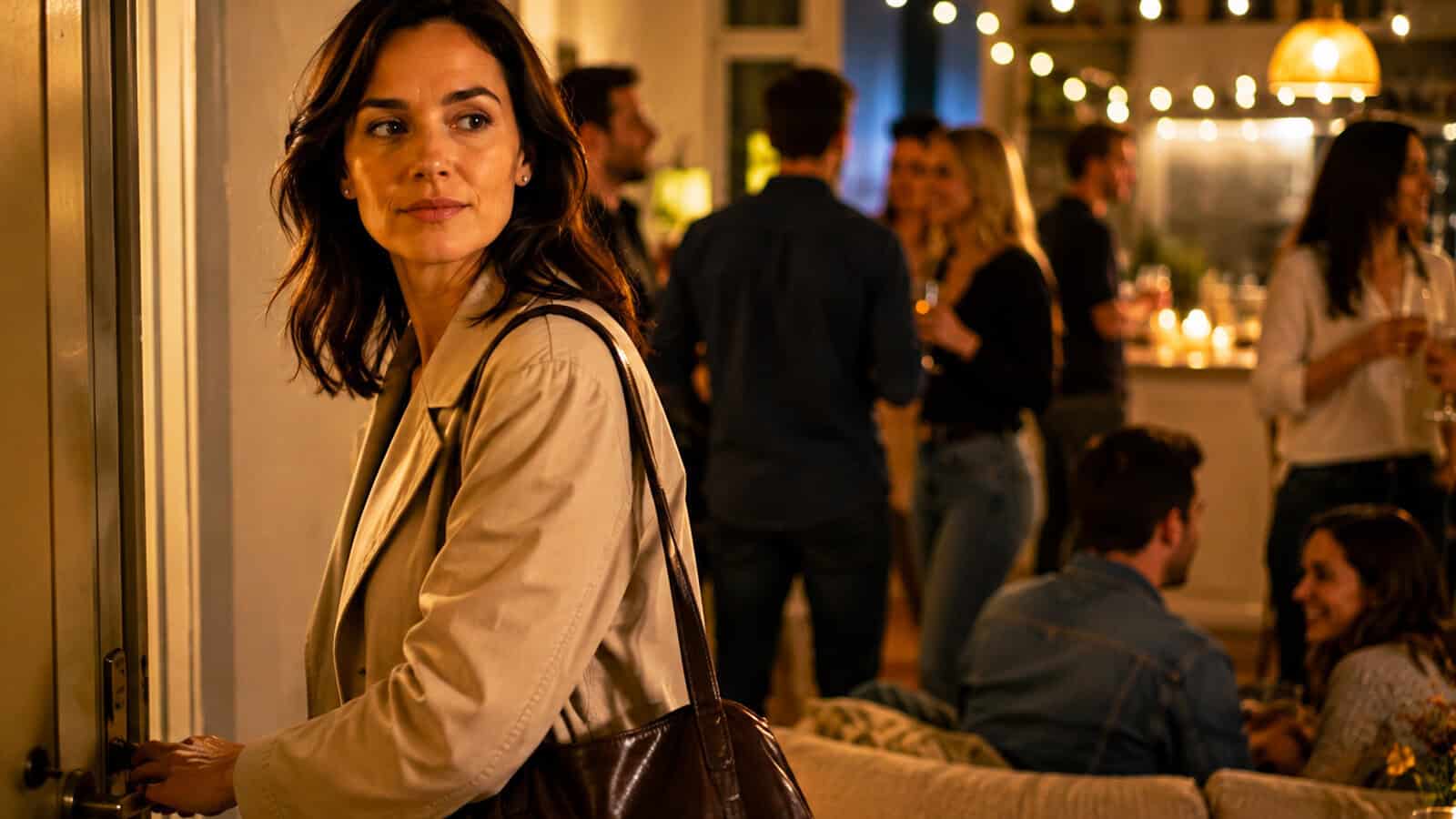 A woman in a beige coat stands by a door, looking back at a lively, warmly lit house party where guests are talking and laughing in the background.