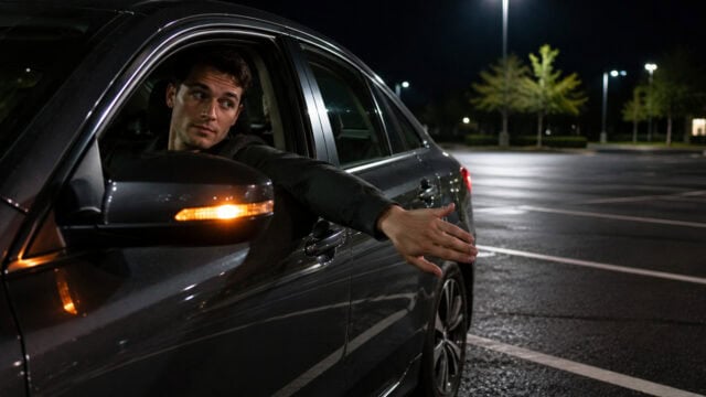 A man in a car at night extends his left arm out the window, signaling a left turn, in an empty, well-lit parking lot.