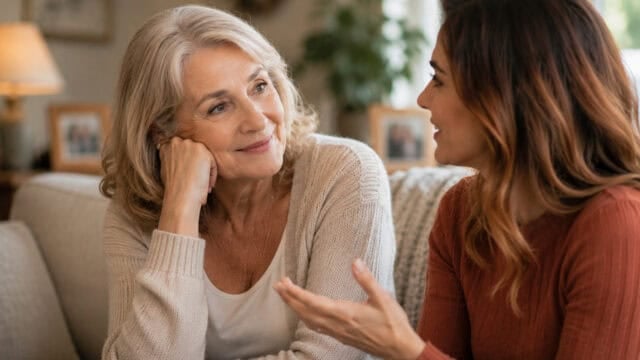 An older woman smiles and listens attentively to a younger woman who is talking, both sitting on a couch in a cozy living room.