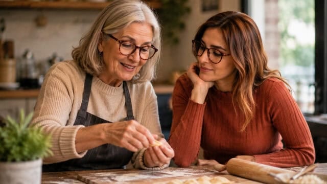 Two women sit at a kitchen table making dumplings or pasta together, smiling. One woman wears a beige sweater and apron; the other wears a rust-colored sweater. A rolling pin and dough are on the table.