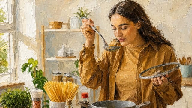 A woman in a kitchen holding a pot lid and tasting soup with a ladle, surrounded by shelves with jars, plants, and uncooked spaghetti, in a painting-like style.