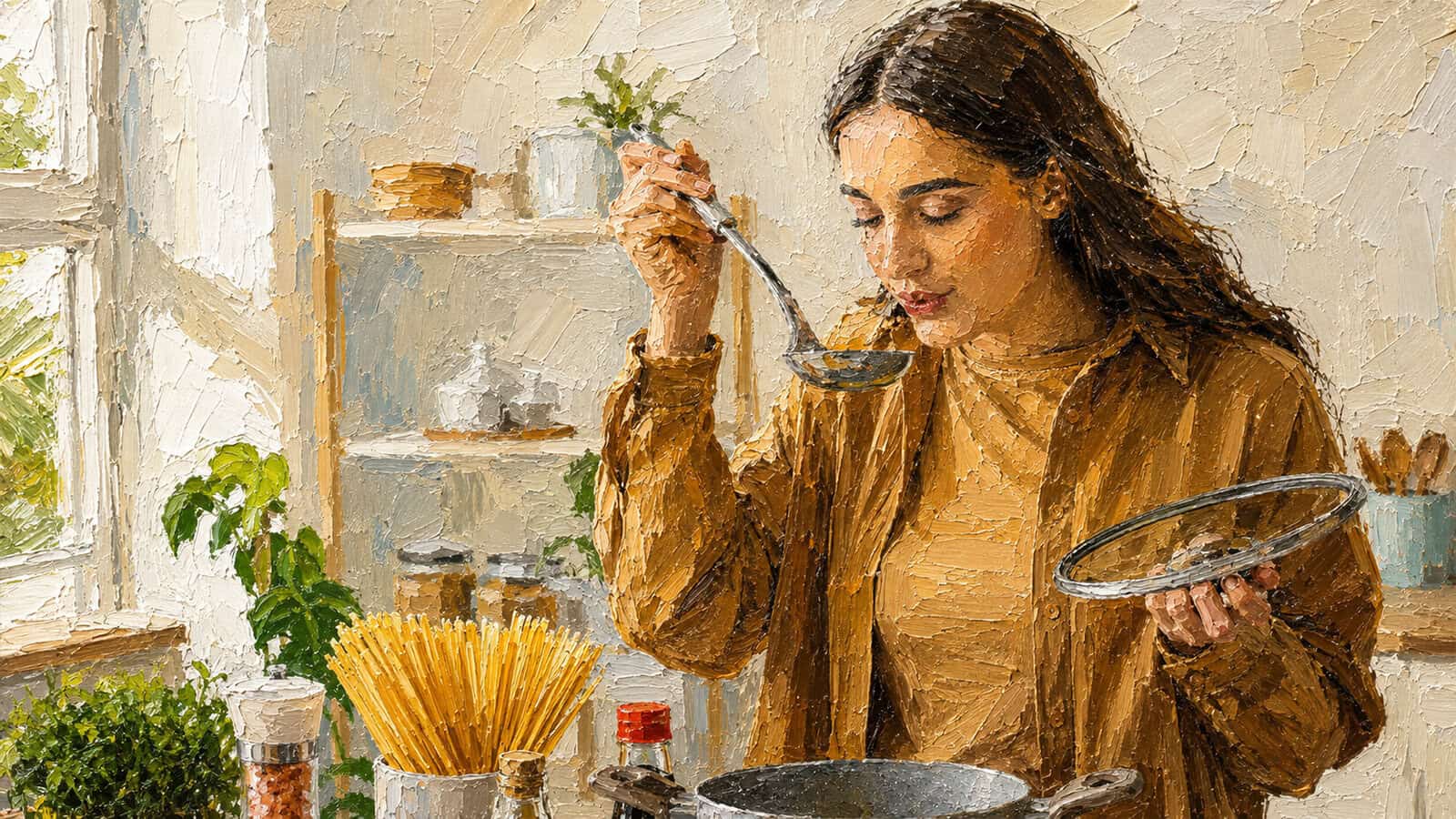 A woman in a kitchen holding a pot lid and tasting soup with a ladle, surrounded by shelves with jars, plants, and uncooked spaghetti, in a painting-like style.