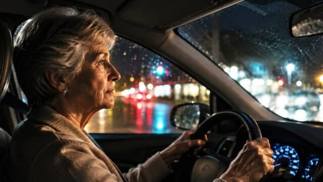 An elderly woman drives a car at night, illuminated by city lights and traffic outside. Raindrops are visible on the window, and she looks ahead attentively, holding the steering wheel.