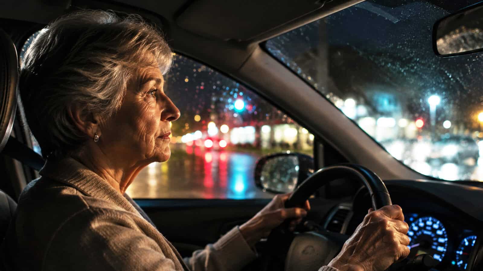 An elderly woman drives a car at night, illuminated by city lights and traffic outside. Raindrops are visible on the window, and she looks ahead attentively, holding the steering wheel.