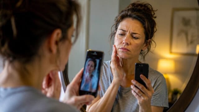 A woman looks concerned at her reflection in a mirror, touching her cheek while holding a smartphone and taking a photo of her face.
