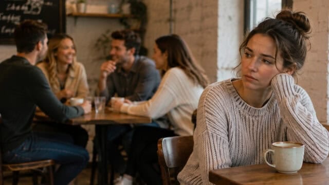 A woman sits alone at a cafe table, looking sad or lost in thought, while two couples chat happily at tables in the background. A mug is in front of her. Natural light comes through a nearby window.