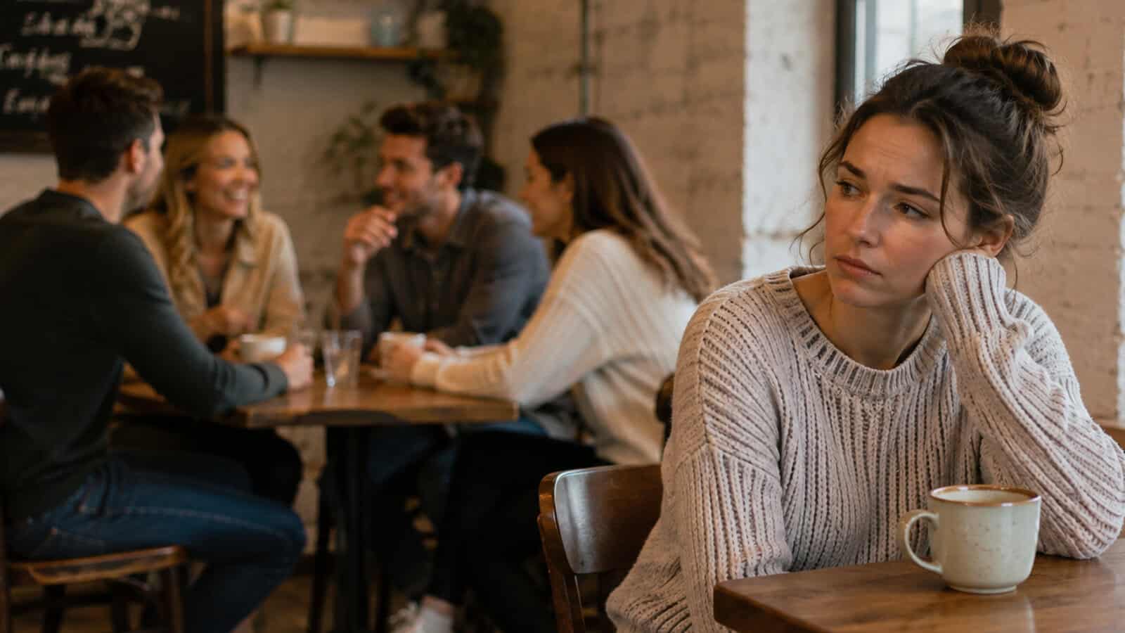 A woman sits alone at a cafe table, looking sad or lost in thought, while two couples chat happily at tables in the background. A mug is in front of her. Natural light comes through a nearby window.