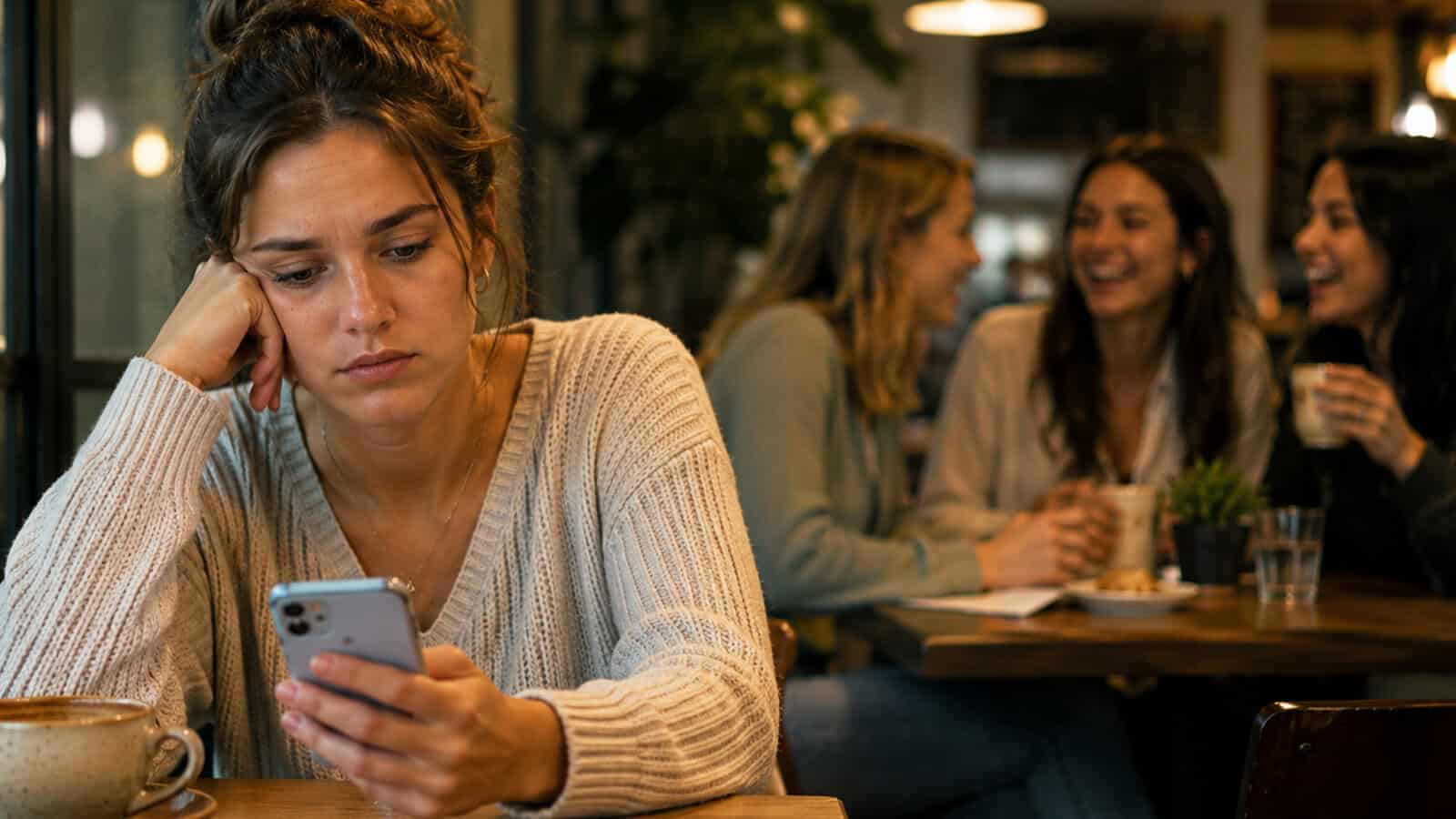 A woman in a cafe looks sad while staring at her phone, resting her head on her hand. In the background, three women are laughing and talking together at another table.
