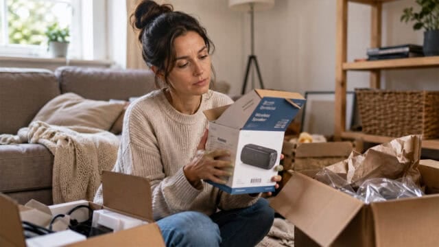 A woman sits on the floor in a living room, examining a box labeled Electric Wireless Shredder while surrounded by open cardboard boxes and packing materials.